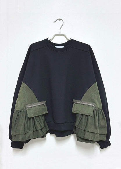 Organic Black O-Neck Zippered Patchwork Sweatshirt Fall