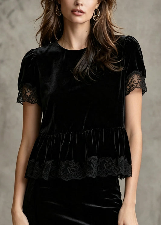 Organic Black Oversized Patchwork Silk Velour Blouses Summer