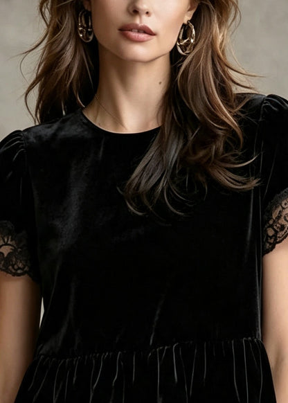 Organic Black Oversized Patchwork Silk Velour Blouses Summer