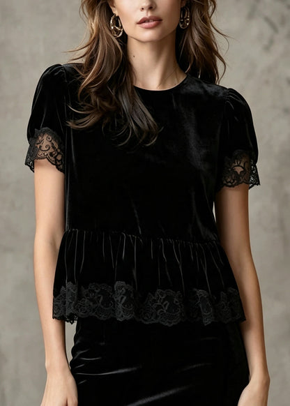 Organic Black Oversized Patchwork Silk Velour Blouses Summer