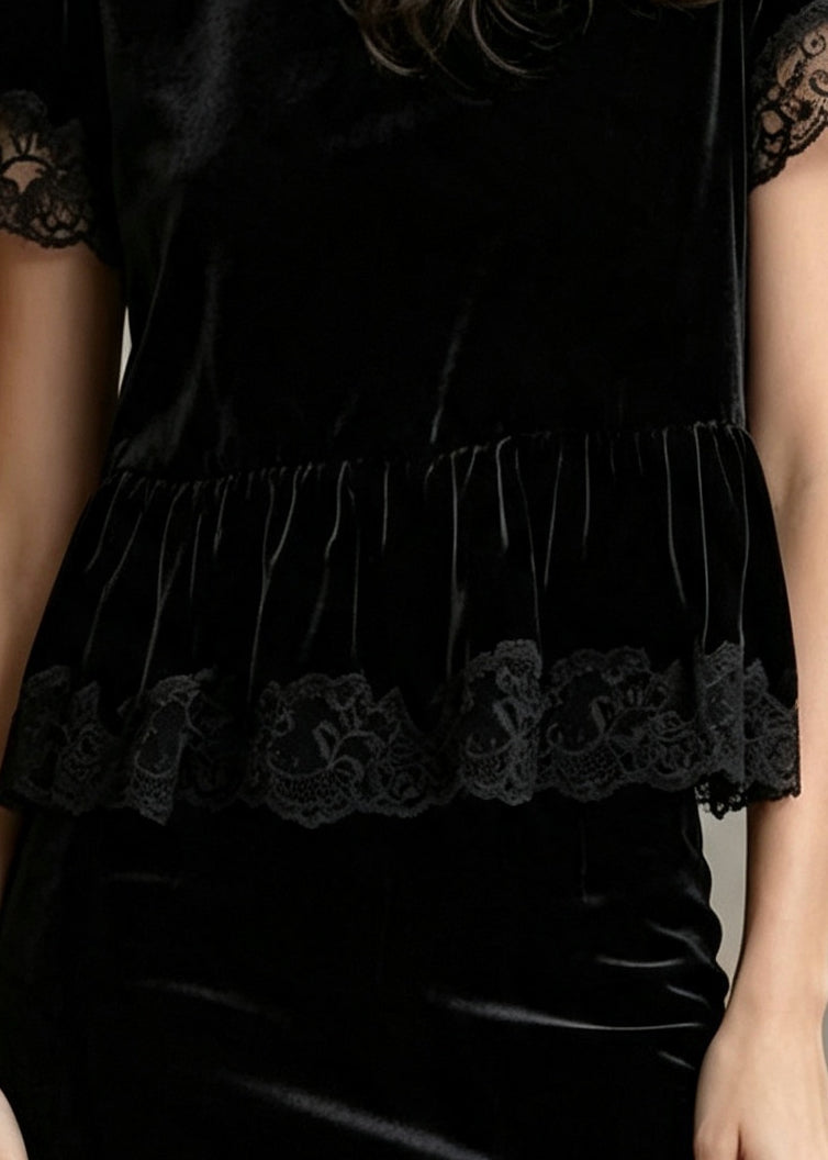 Organic Black Oversized Patchwork Silk Velour Blouses Summer