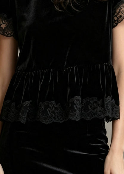 Organic Black Oversized Patchwork Silk Velour Blouses Summer