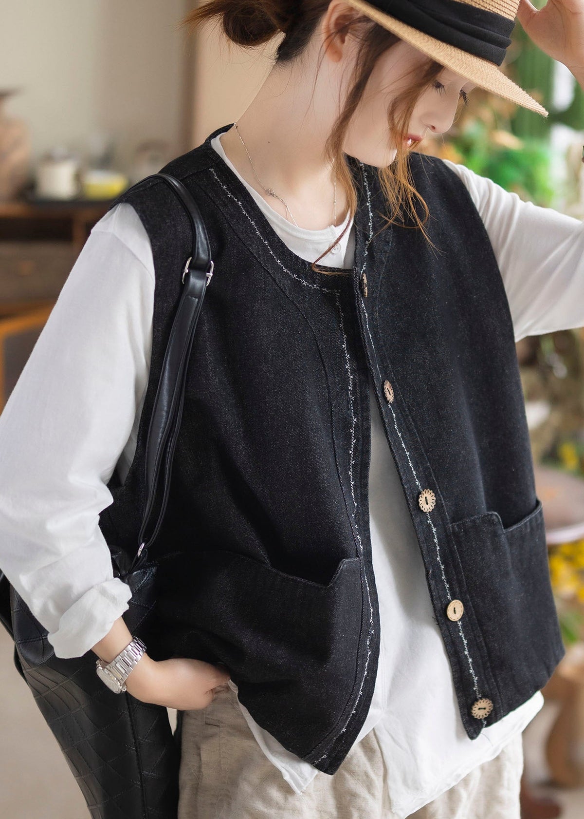 Organic Black Oversized Pockets Cotton Vests Fall