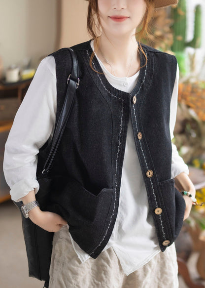 Organic Black Oversized Pockets Cotton Vests Fall