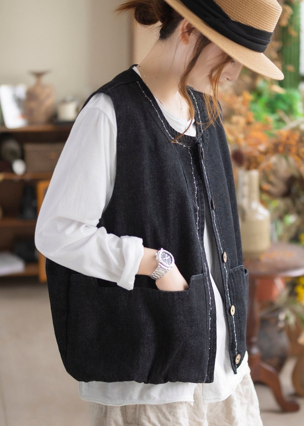 Organic Black Oversized Pockets Cotton Vests Fall