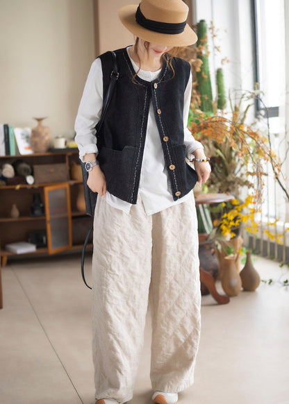 Organic Black Oversized Pockets Cotton Vests Fall