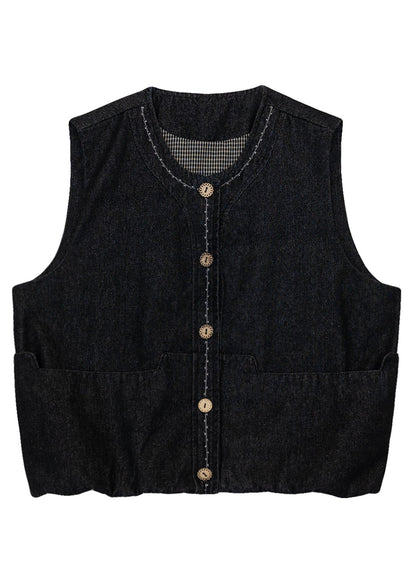 Organic Black Oversized Pockets Cotton Vests Fall