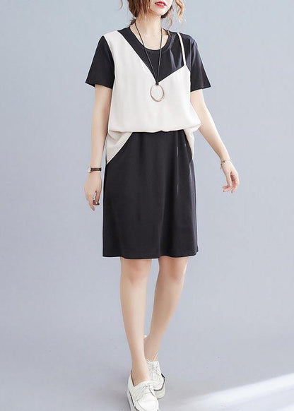 Organic Black Patchwork Beige Summer Chiffon Dress - SooLinen