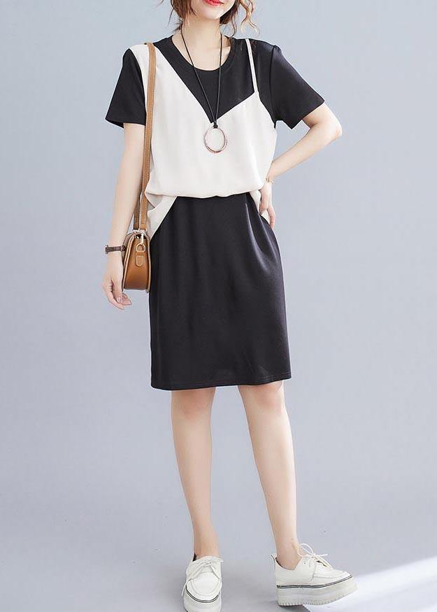 Organic Black Patchwork Beige Summer Chiffon Dress - SooLinen