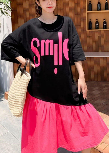 Organic Black Patchwork Rose O-Neck Summer Maxi Dress Half Sleeve - SooLinen