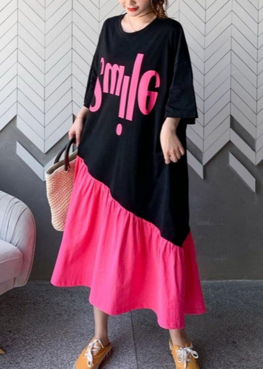 Organic Black Patchwork Rose O-Neck Summer Maxi Dress Half Sleeve - SooLinen