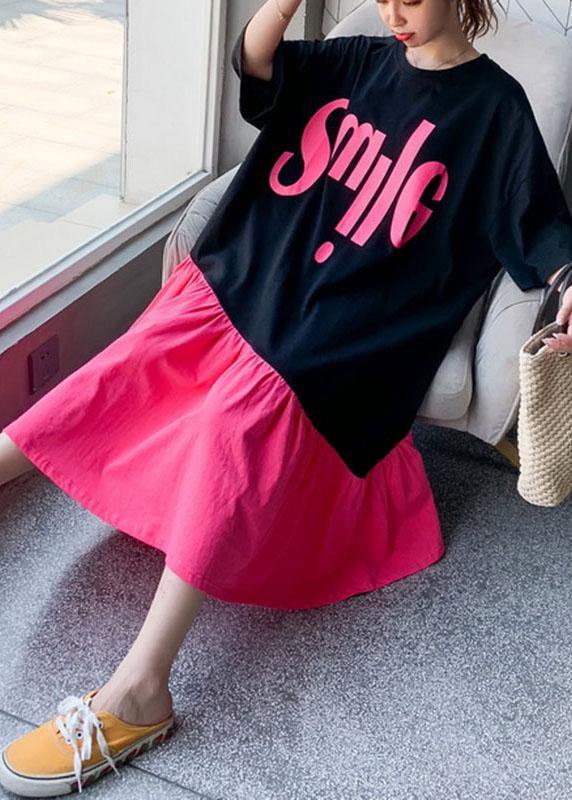 Organic Black Patchwork Rose O-Neck Summer Maxi Dress Half Sleeve - SooLinen