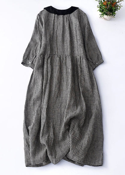 Organic Brown Plaid Peter Pan Collar Patchwork Linen Dresses Summer