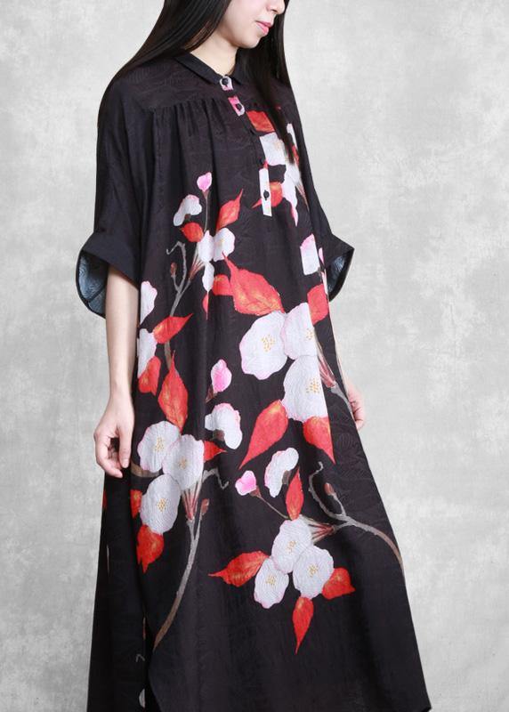 Organic Black Oversize Floral Summer Maxi Dresses - SooLinen