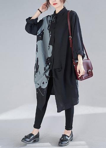 Organic Black Print Dresses Lapel Patchwork Loose Spring Dress - SooLinen