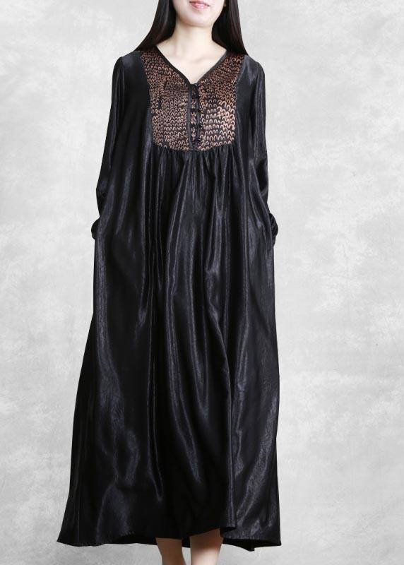 Organic Black Quilting Clothes V Neck Patchwork Robes Spring Dress - SooLinen