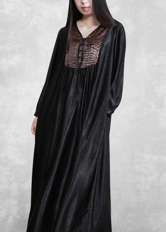 Organic Black Quilting Clothes V Neck Patchwork Robes Spring Dress - SooLinen