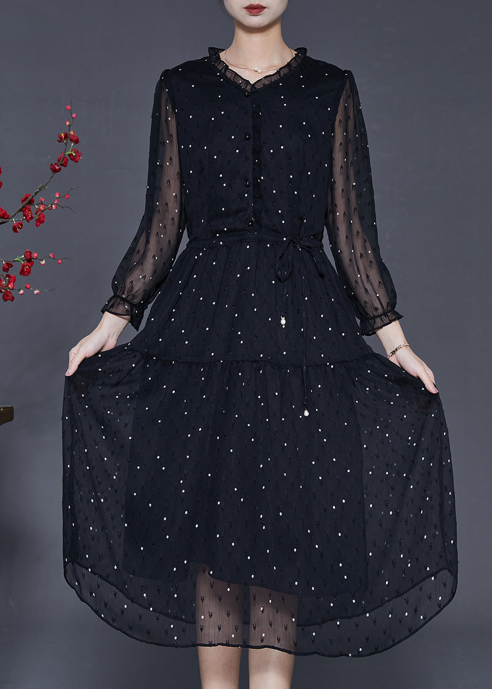 Organic Black Ruffled Embroidered Chiffon Cinched Dress Summer