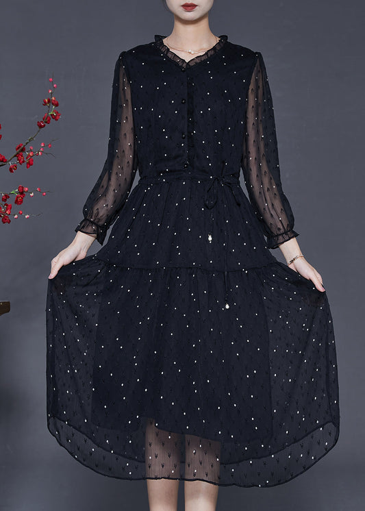 Organic Black Ruffled Embroidered Chiffon Cinched Dress Summer