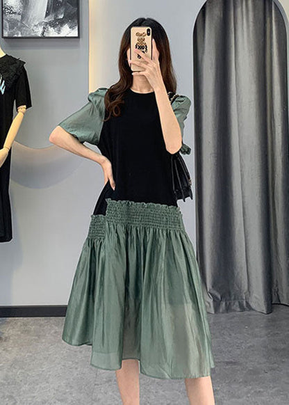 Organic Black Ruffled Patchwork Cotton Dress Short Sleeve