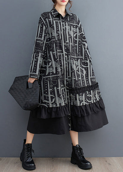 Organic Black Ruffled Print Cotton Long Dress Fall