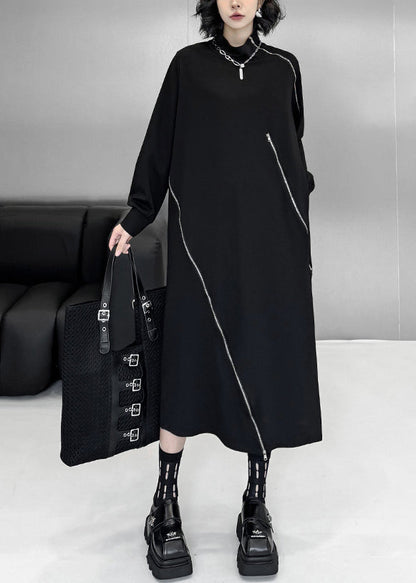 Organic Black Turtleneck Zippered Patchwork Long Dresses Fall