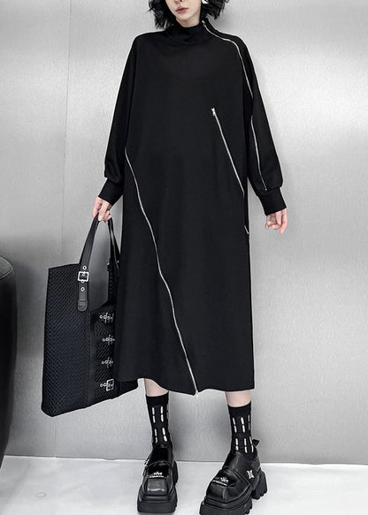Organic Black Turtleneck Zippered Patchwork Long Dresses Fall