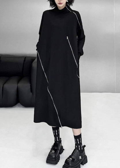 Organic Black Turtleneck Zippered Patchwork Long Dresses Fall