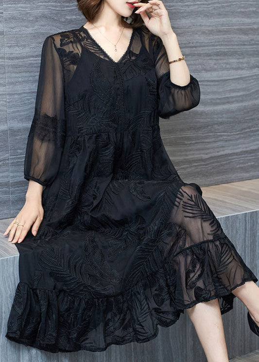 Organic Black V Neck Embroidered Patchwork Tulle Dresses Summer