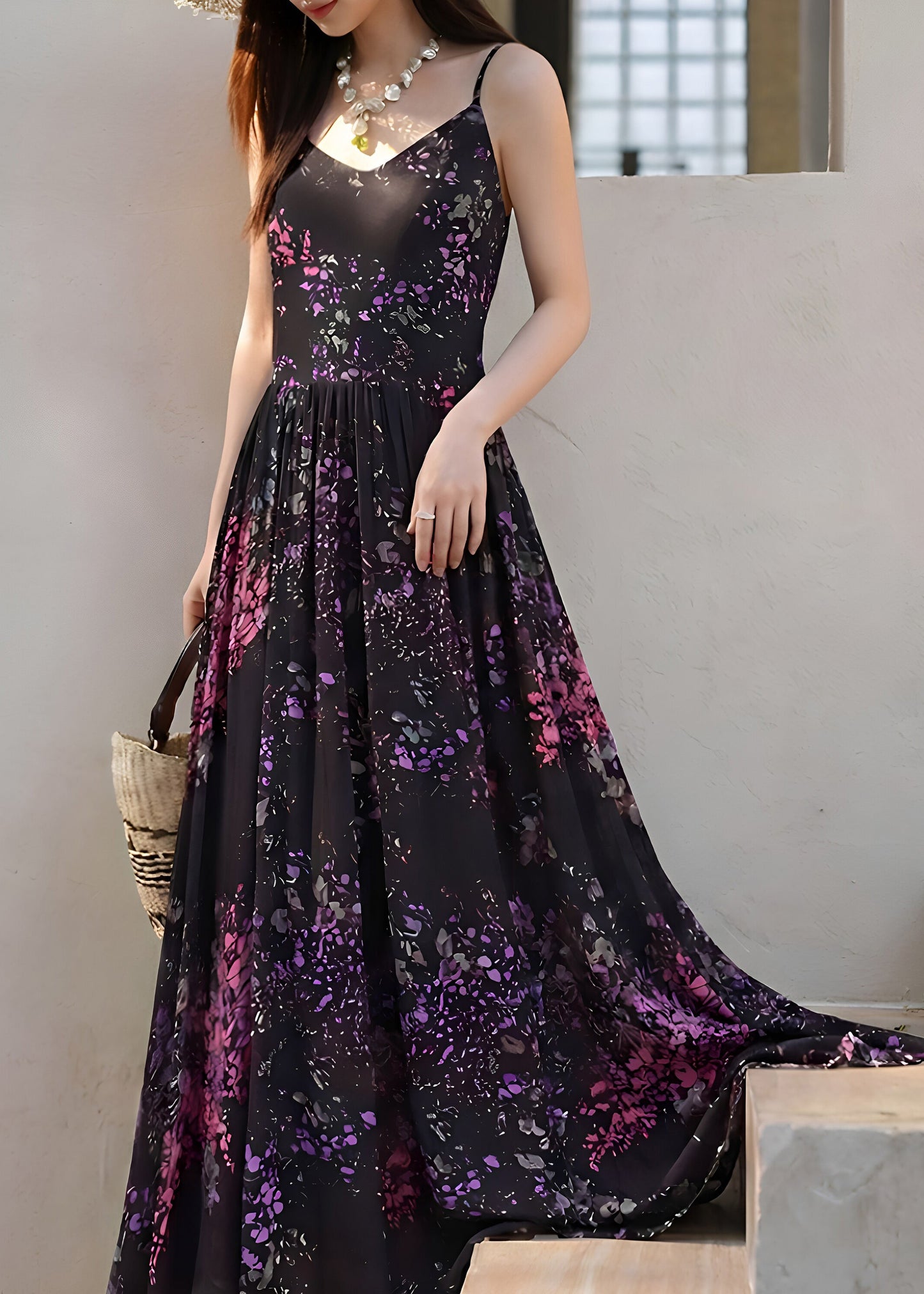 Organic Black Wrinkled Chiffon Long Spaghetti Strap Dress Sleeveless