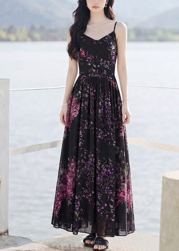Organic Black Wrinkled Chiffon Long Spaghetti Strap Dress Sleeveless