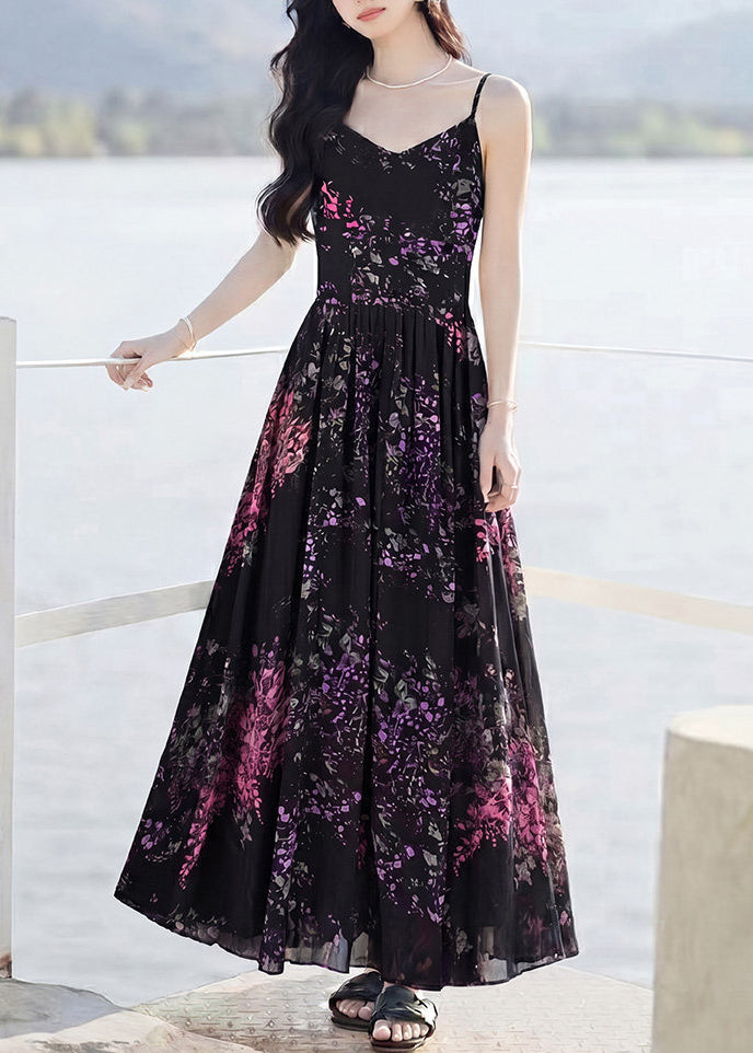 Organic Black Wrinkled Chiffon Long Spaghetti Strap Dress Sleeveless