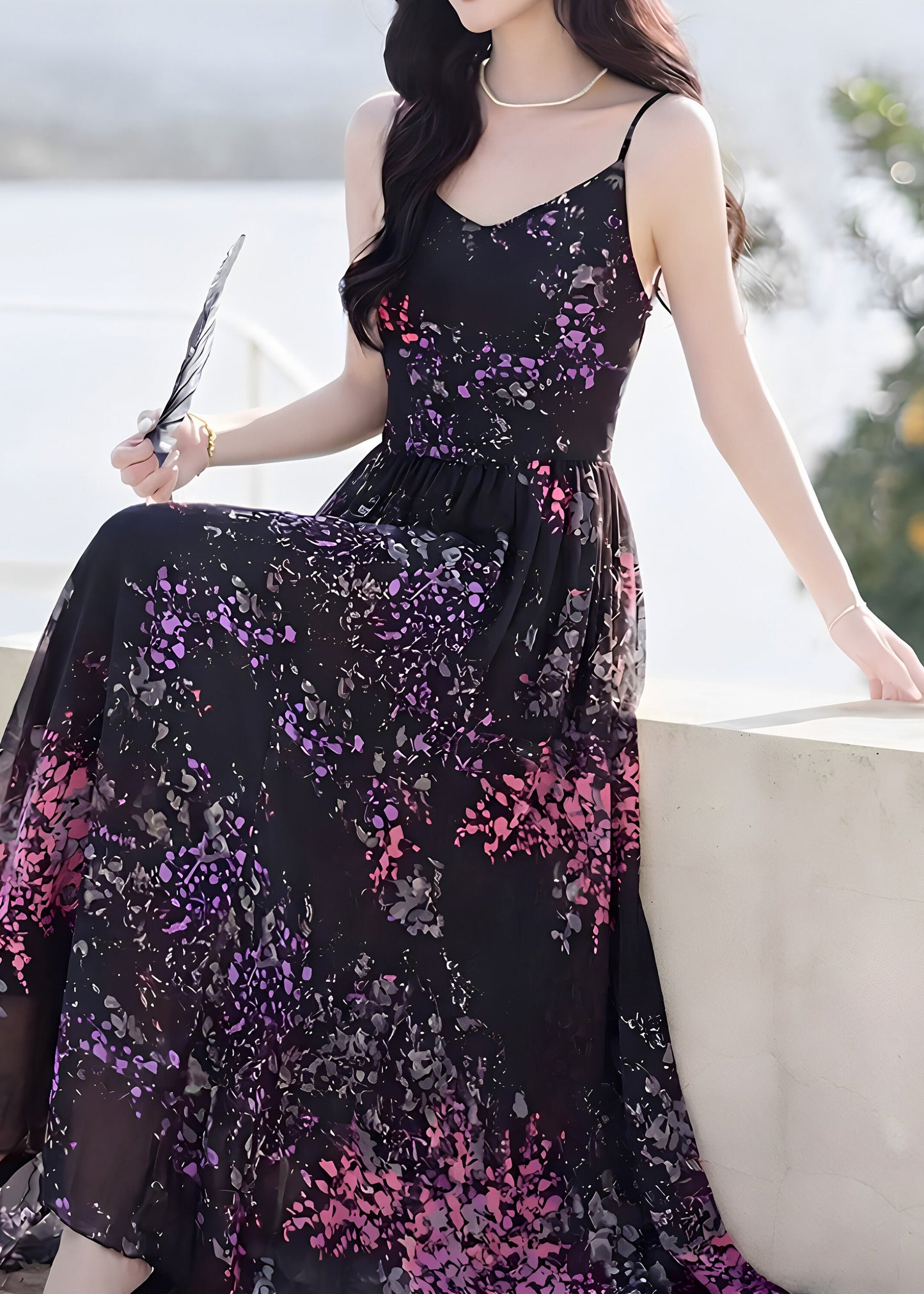 Organic Black Wrinkled Chiffon Long Spaghetti Strap Dress Sleeveless