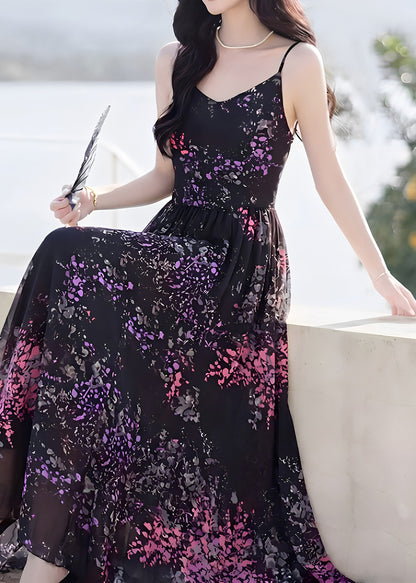 Organic Black Wrinkled Chiffon Long Spaghetti Strap Dress Sleeveless