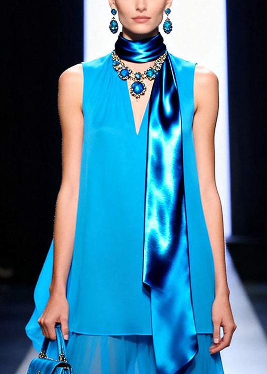 Organic Blue Asymmetrical Patchwork Chiffon Dress Sleeveless