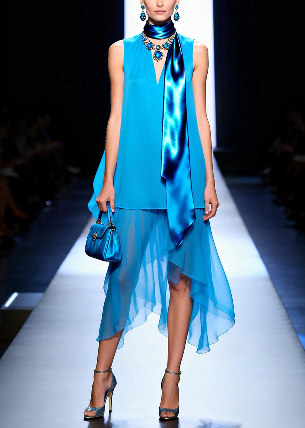 Organic Blue Asymmetrical Patchwork Chiffon Dress Sleeveless