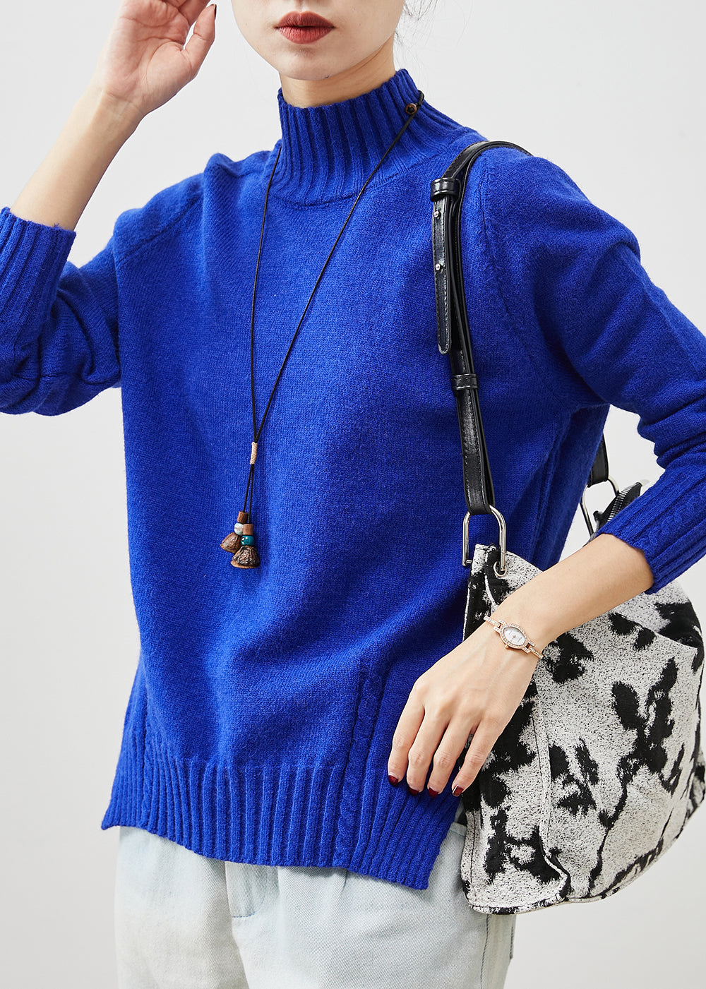 Spring Knit Sweaters Organic Blue High Neck Side Open Knit Sweater Spring – MyPlusWear