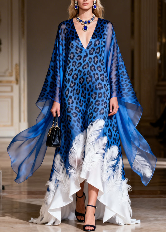 Organic Blue Leopard V Neck Feather Print Silk Dress Summer