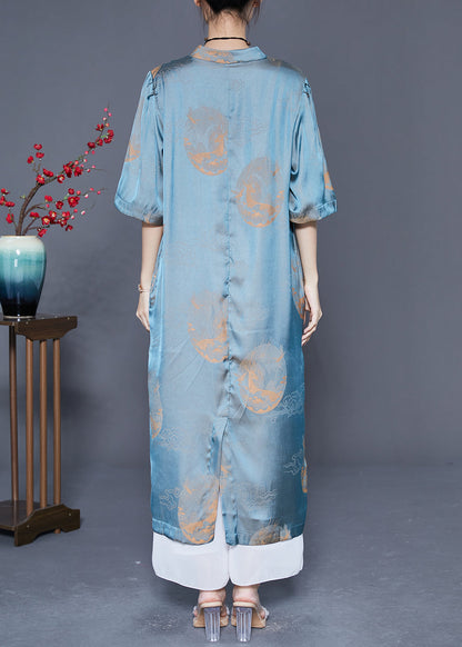 Organic Blue Mandarin Collar Print Lace Up Silk Long Dresses Summer