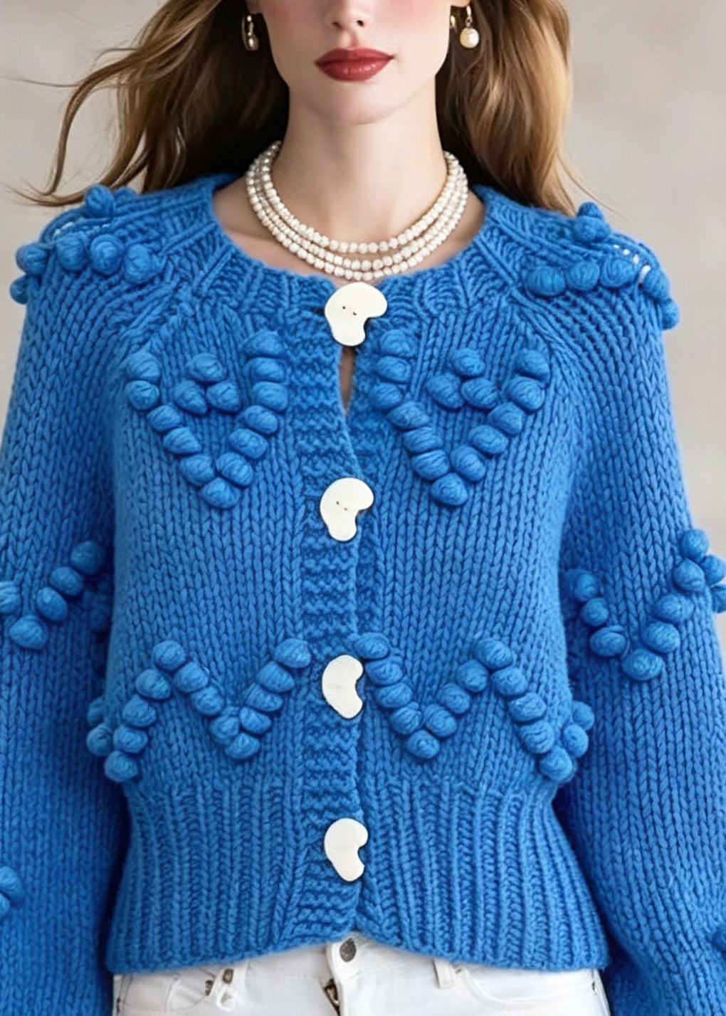 Organic Blue O-Neck Button Solid Cotton Knit Cardigan Fall