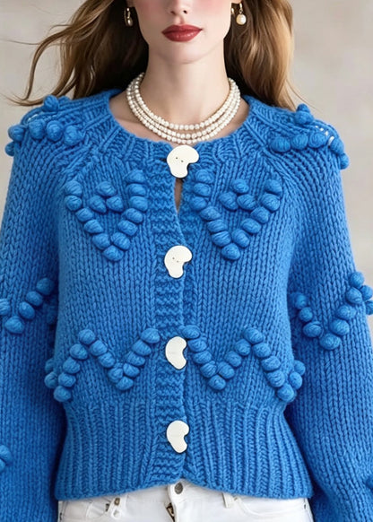Organic Blue O-Neck Button Solid Cotton Knit Cardigan Fall
