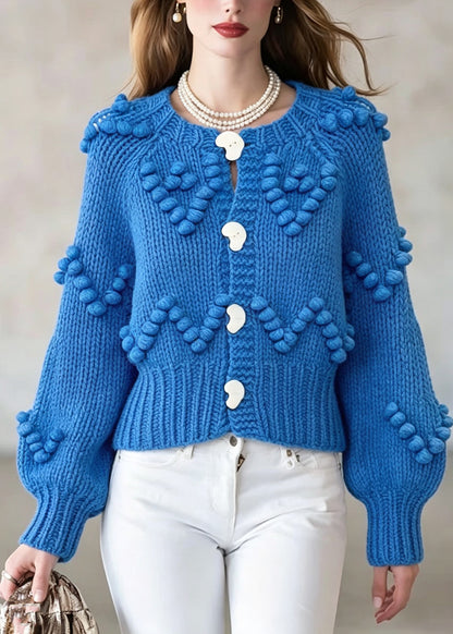 Organic Blue O-Neck Button Solid Cotton Knit Cardigan Fall