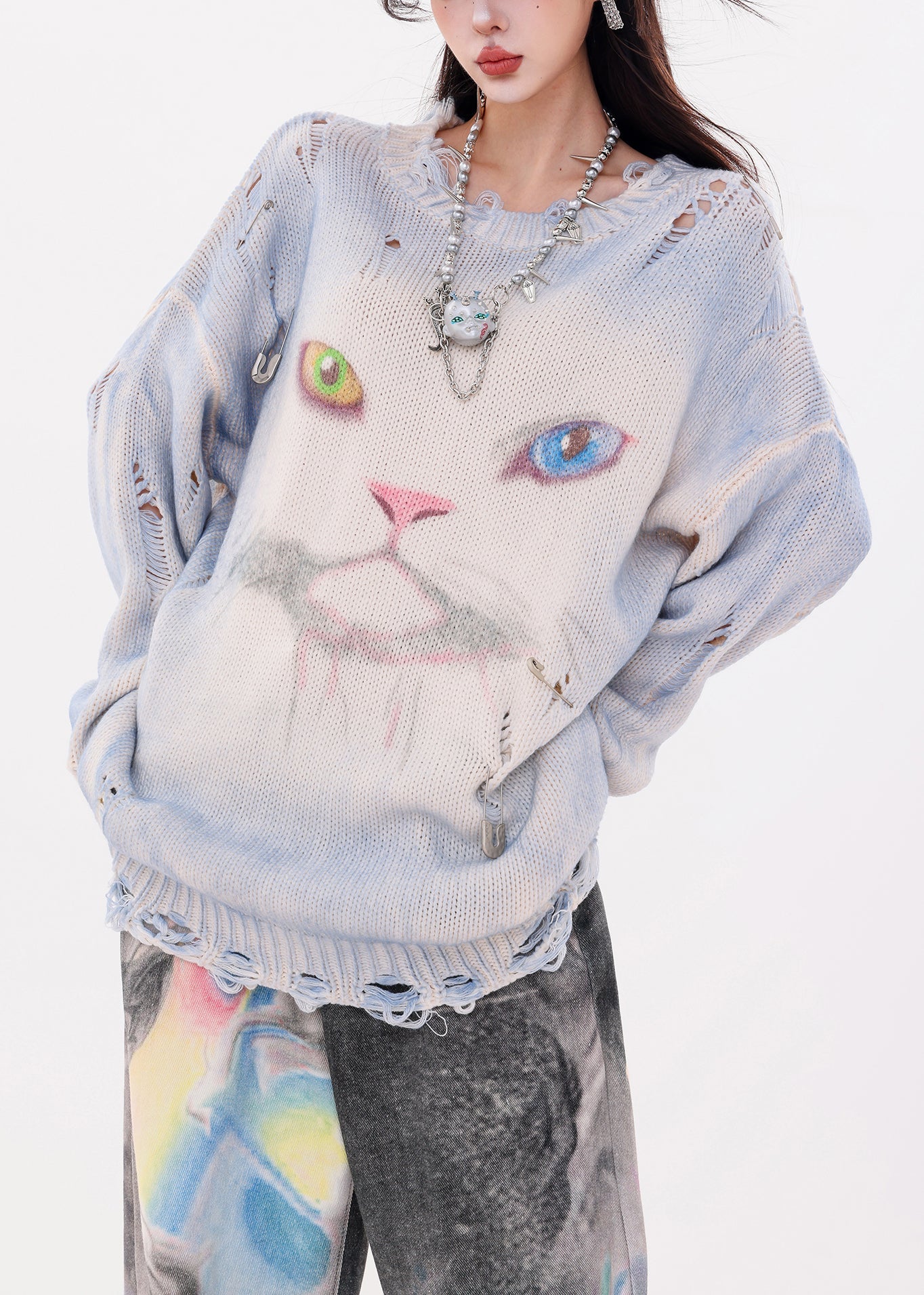 Organic Blue Oversized Cat Print Knit Ripped Sweater Winter