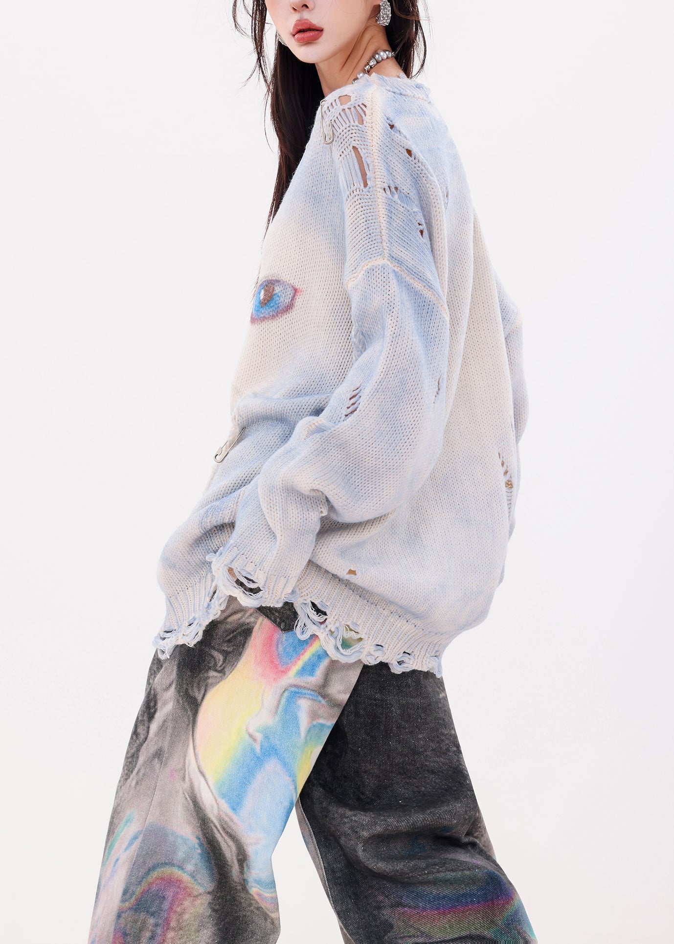 Organic Blue Oversized Cat Print Knit Ripped Sweater Winter