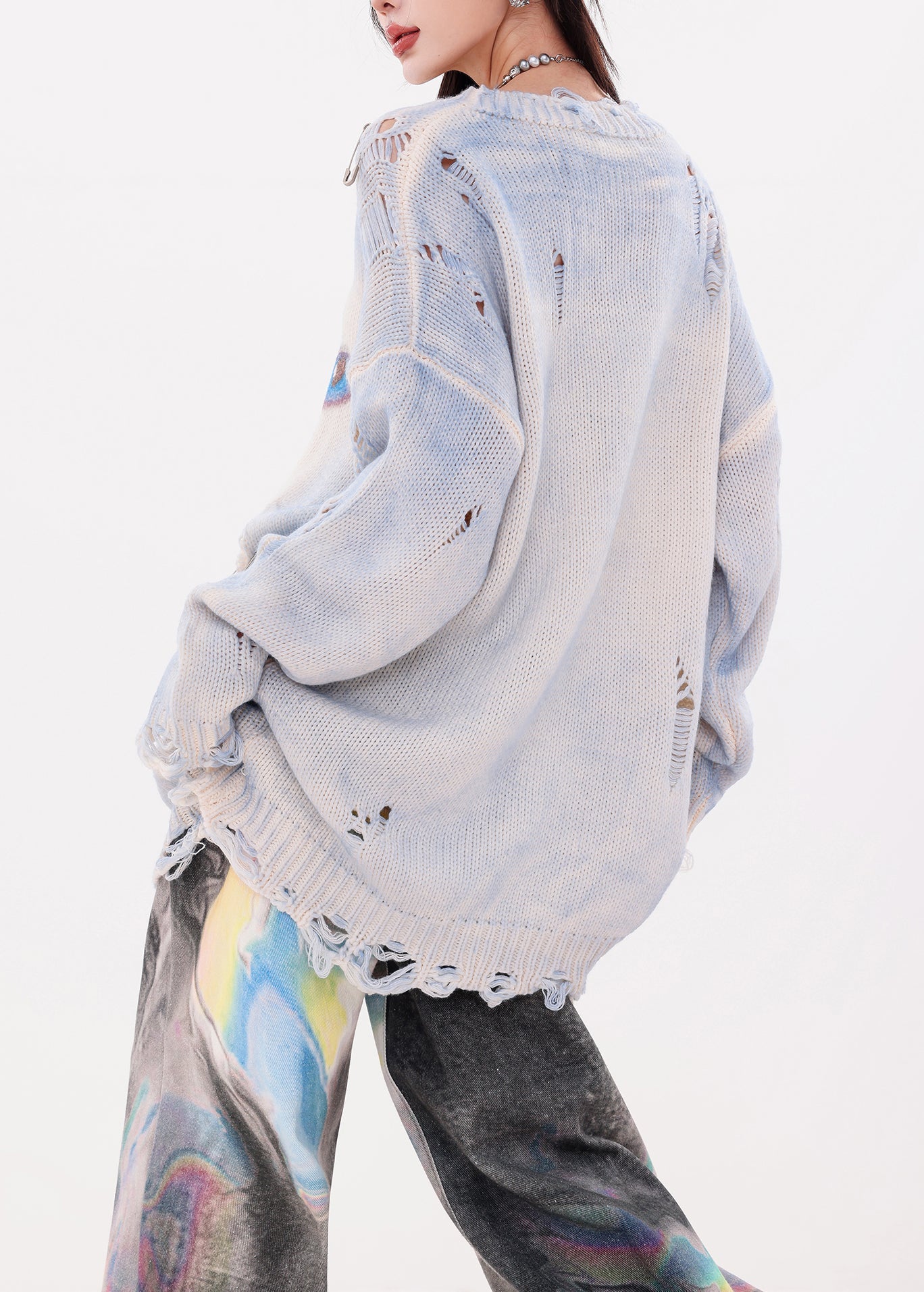 Organic Blue Oversized Cat Print Knit Ripped Sweater Winter