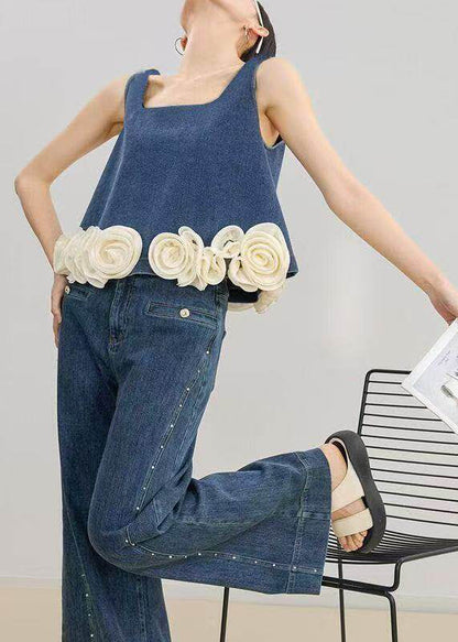 Organic Blue Oversized Handmade Floral Denim Vest Sleeveless