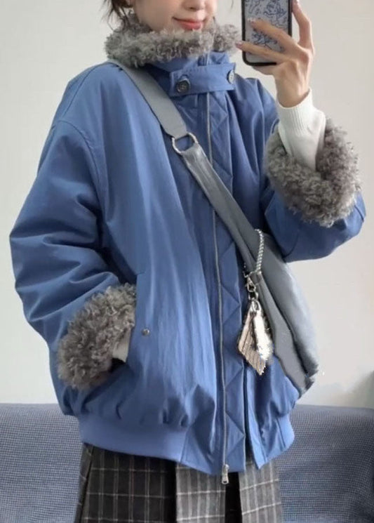 Organic Blue Oversized Pockets Warm Fleece Jackets Winter