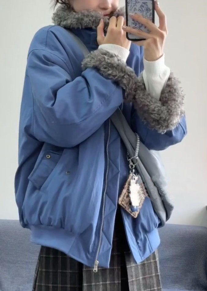 Organic Blue Oversized Pockets Warm Fleece Jackets Winter