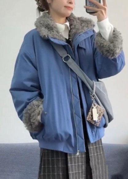 Organic Blue Oversized Pockets Warm Fleece Jackets Winter