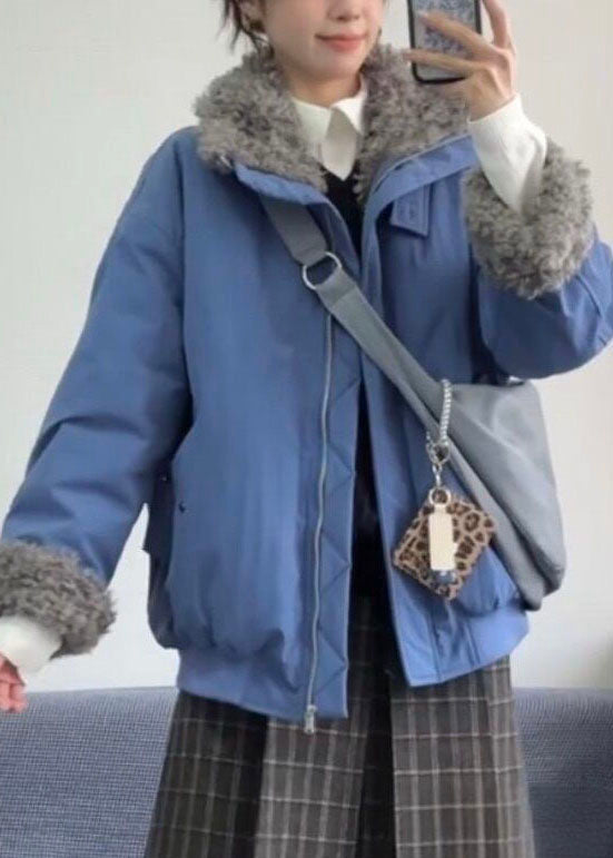 Organic Blue Oversized Pockets Warm Fleece Jackets Winter